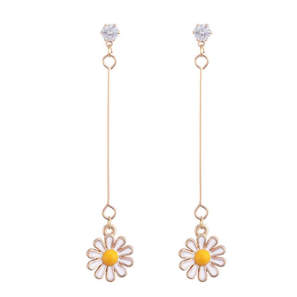 18K Yellow Gold Plated Daisy Flower Long Tassel Drop Stud Earrings